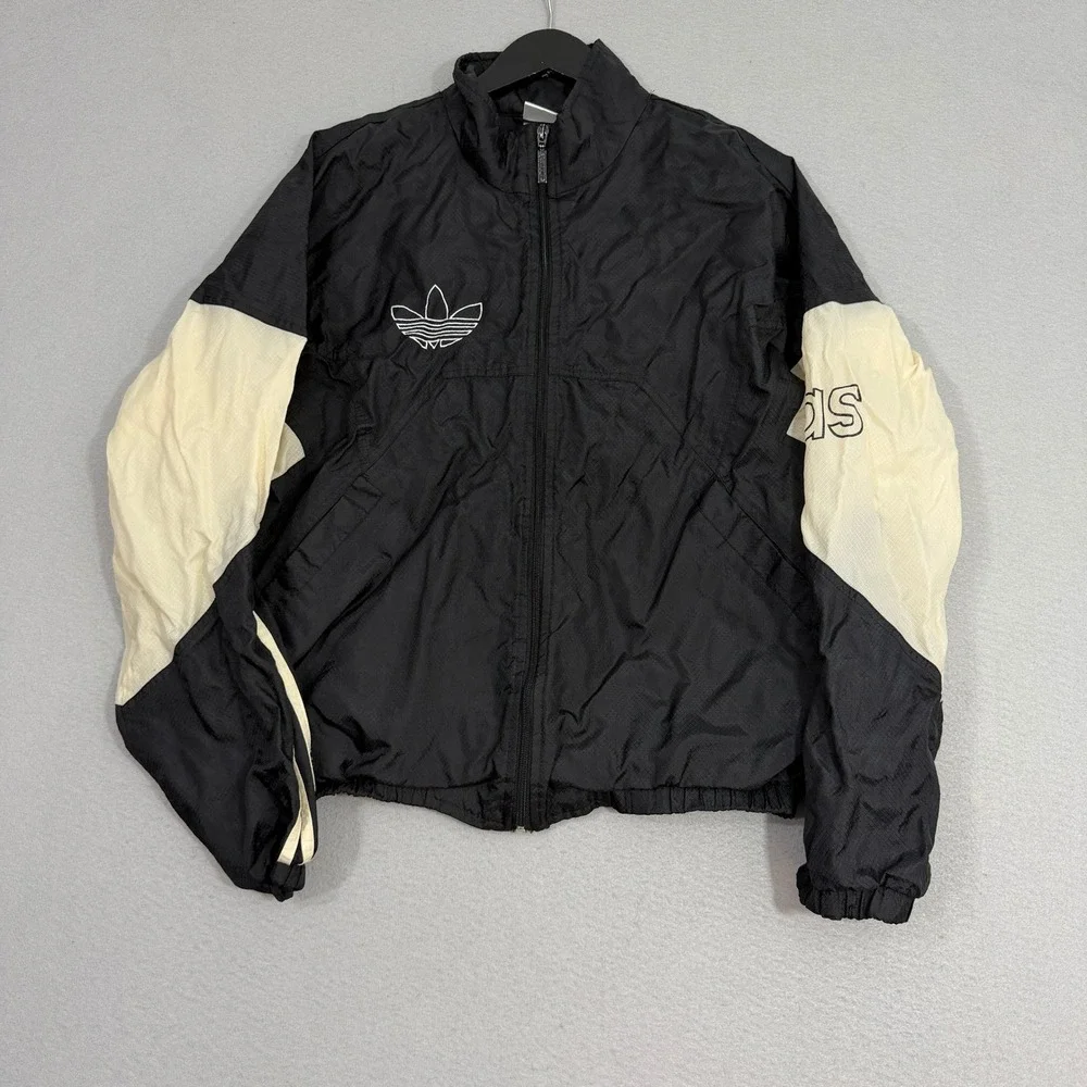 Vintage Adidas Windbreaker Jacket Men's Medium Black Trefoil Logo Full Zip 80s